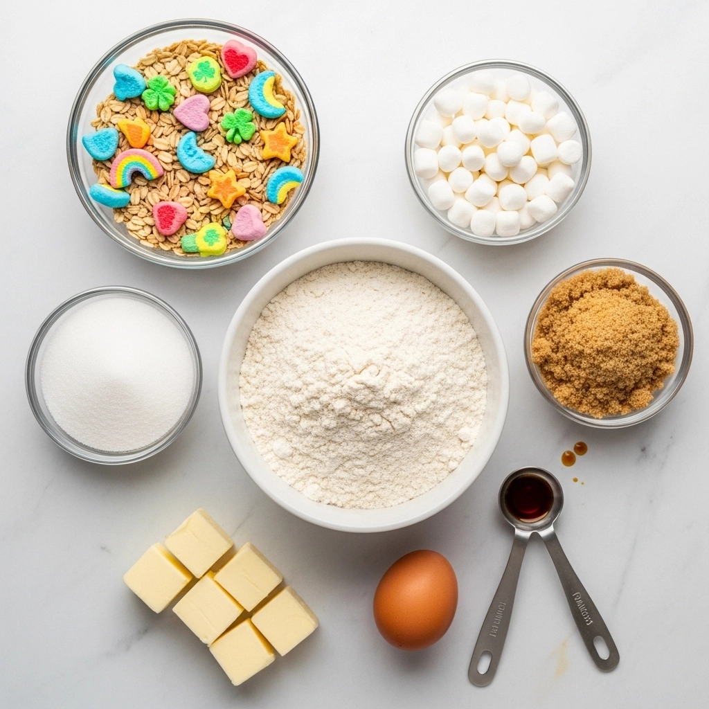 Magical Lucky Charms Cookies - Soft Blissful Treats 5 Ingredients for Lucky Charms cookies including mini marshmallows and cereal