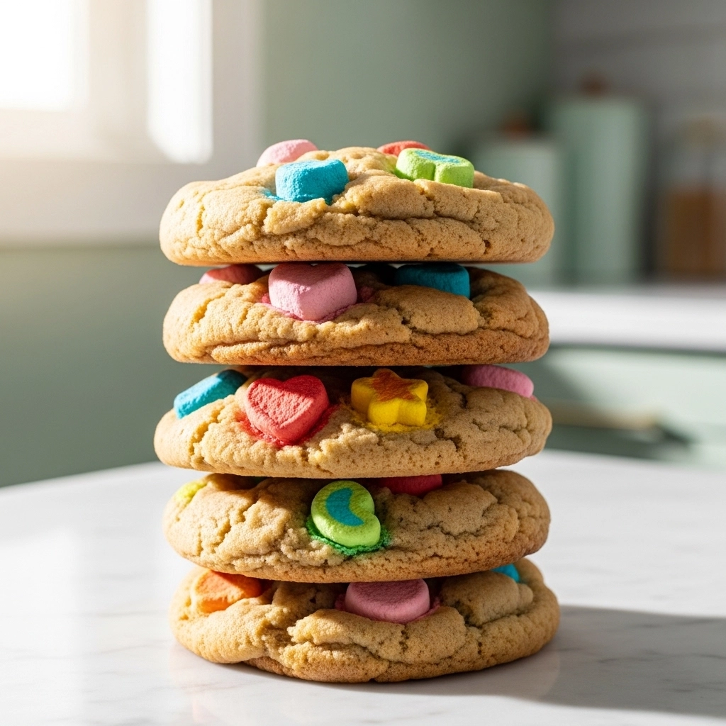 Magical Lucky Charms Cookies - Soft Blissful Treats 6 Lucky Charms cookies stacked with colorful mini marshmallows and soft chewy centers