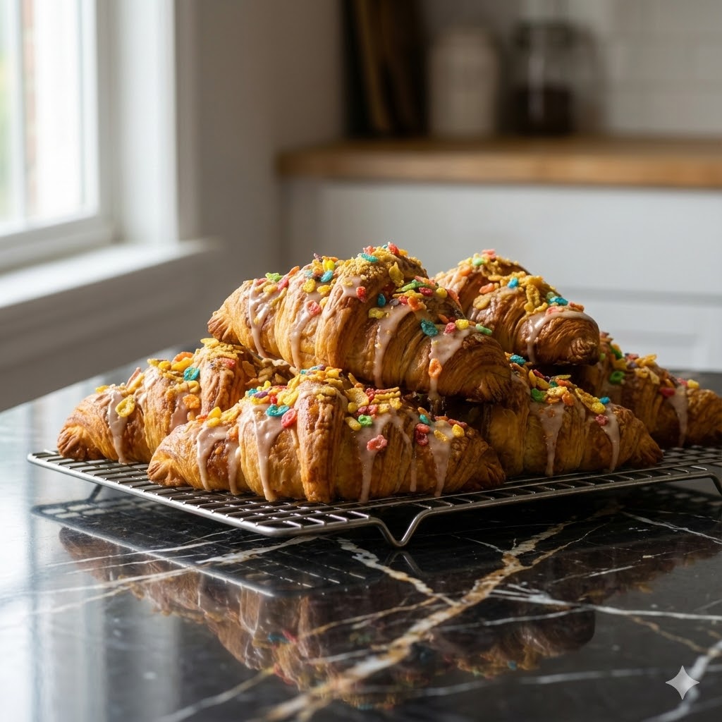 Cereal Milk Croissants: 5-Star Bakery Twist on a Childhood Favorite 1 Cereal milk croissants with fruity cereal topping on cooling rack