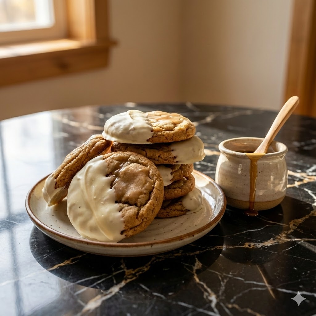 White Chocolate Dipped Chewy Maple Cookies: 4 Pro Tips for Perfect Bakes 4 White Chocolate Dipped Chewy Maple Cookies stacked on ceramic plate with maple drizzle jar