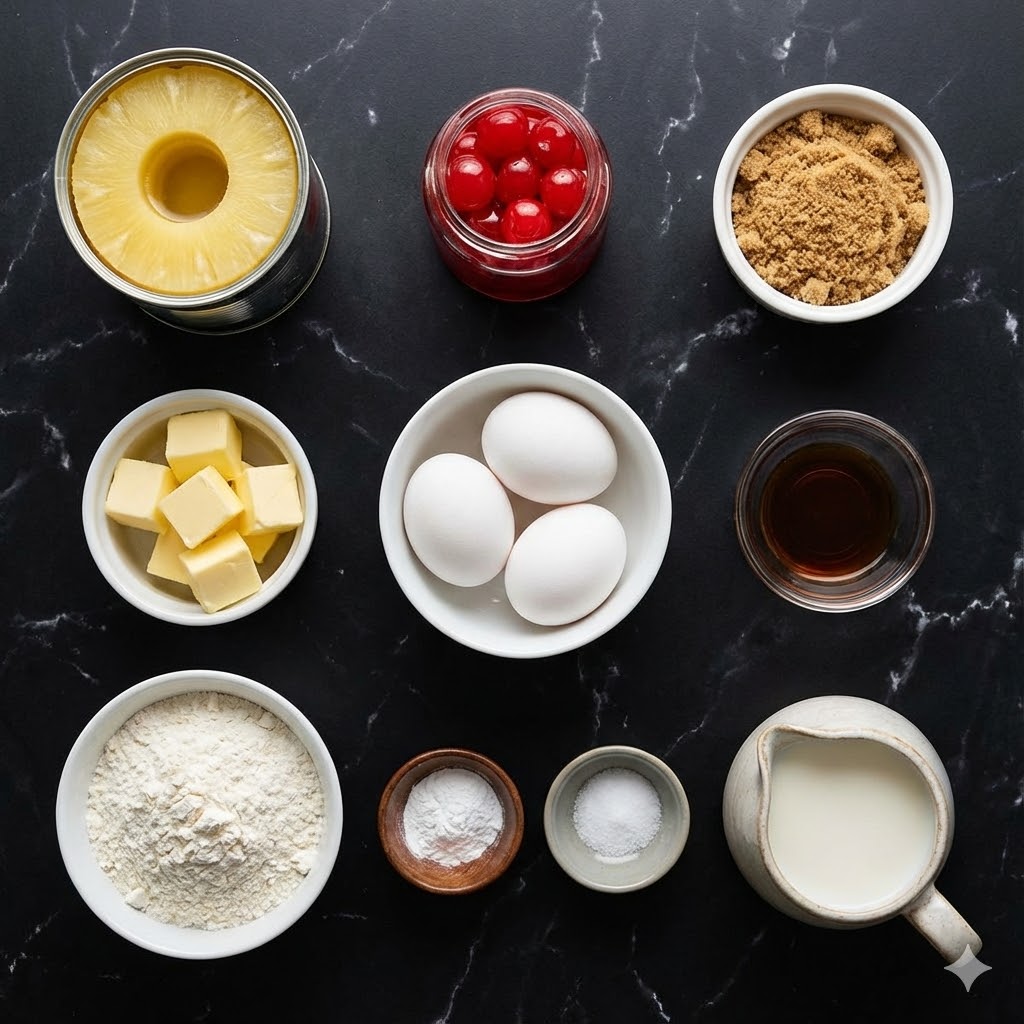 Pineapple Upside Down Cake Mini: Bite-Sized Sweetness with a Twist 3 Flat lay of ingredients for mini pineapple upside-down cake on black marble background