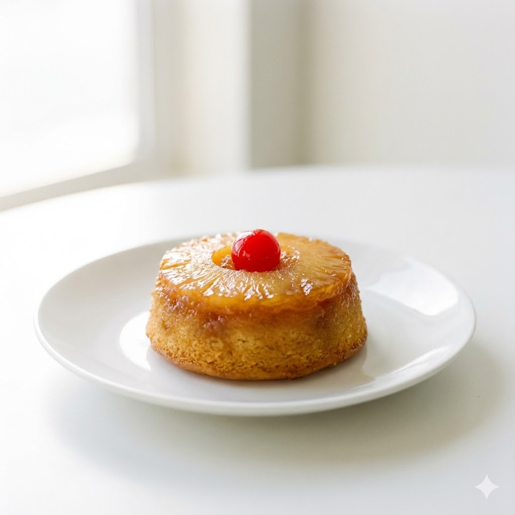 Pineapple Upside Down Cake Mini: Bite-Sized Sweetness with a Twist 4 mini pineapple upside-down cake on a white plate with cherry and caramelized pineapple