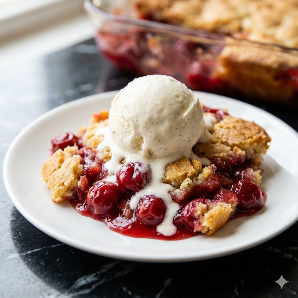 3-Ingredient Cherry Dump Cake: TikTok’s Easiest Dessert 1 cherry dump cake TikTok recipe with vanilla ice cream