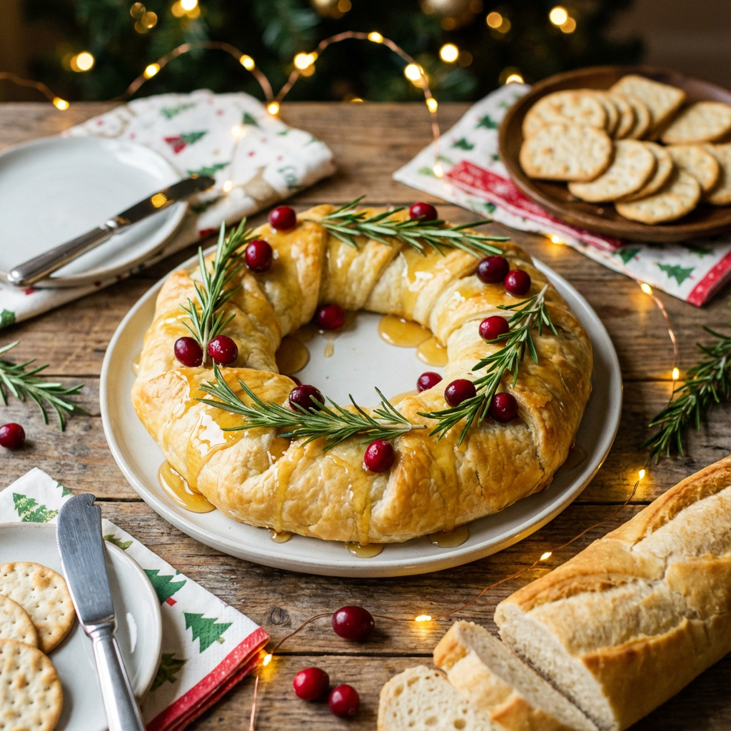 Best 12 Cheesy Christmas Recipes cheesy christmas recipes 5 Cheesy Christmas baked brie wreath with puff pastry and cranberries