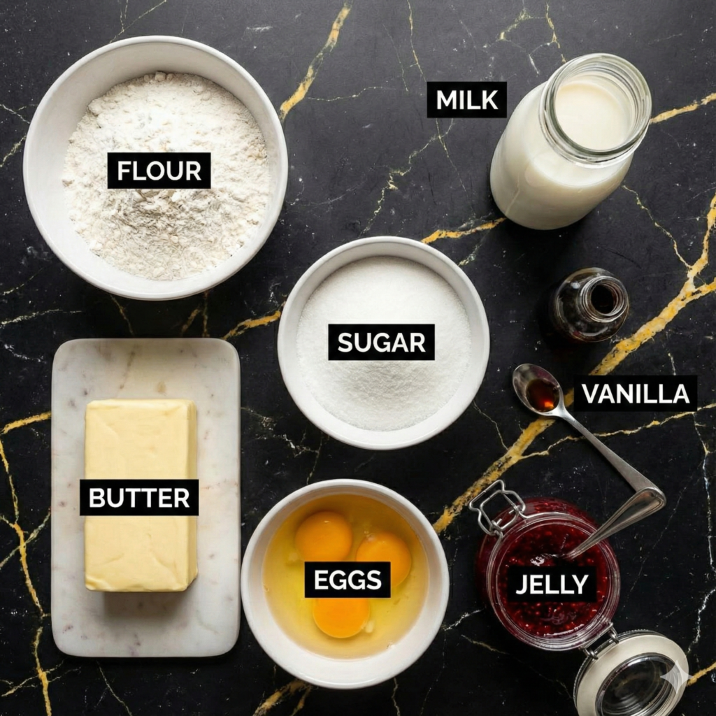 Best 5-Ingredient Jelly Doughnut Cake 5 Ingredients for jelly doughnut cake laid out on a marble surface