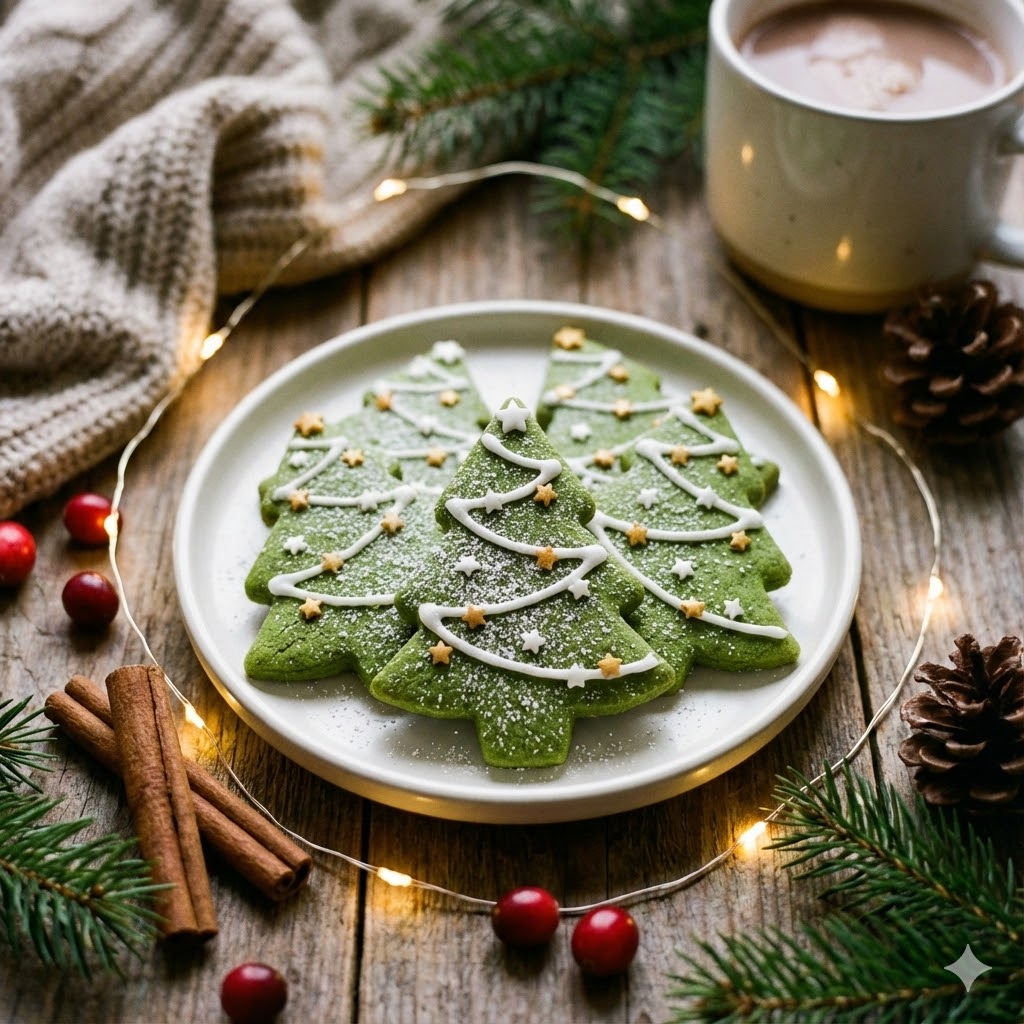 How to Make 5 Matcha Christmas Tree Cookies 4 Matcha Christmas tree cookies on rustic holiday table