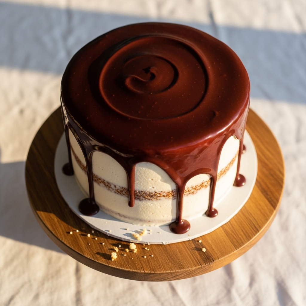 Elegant White Cake with Chocolate Filling 1 White cake with chocolate ganache on a rustic cake stand