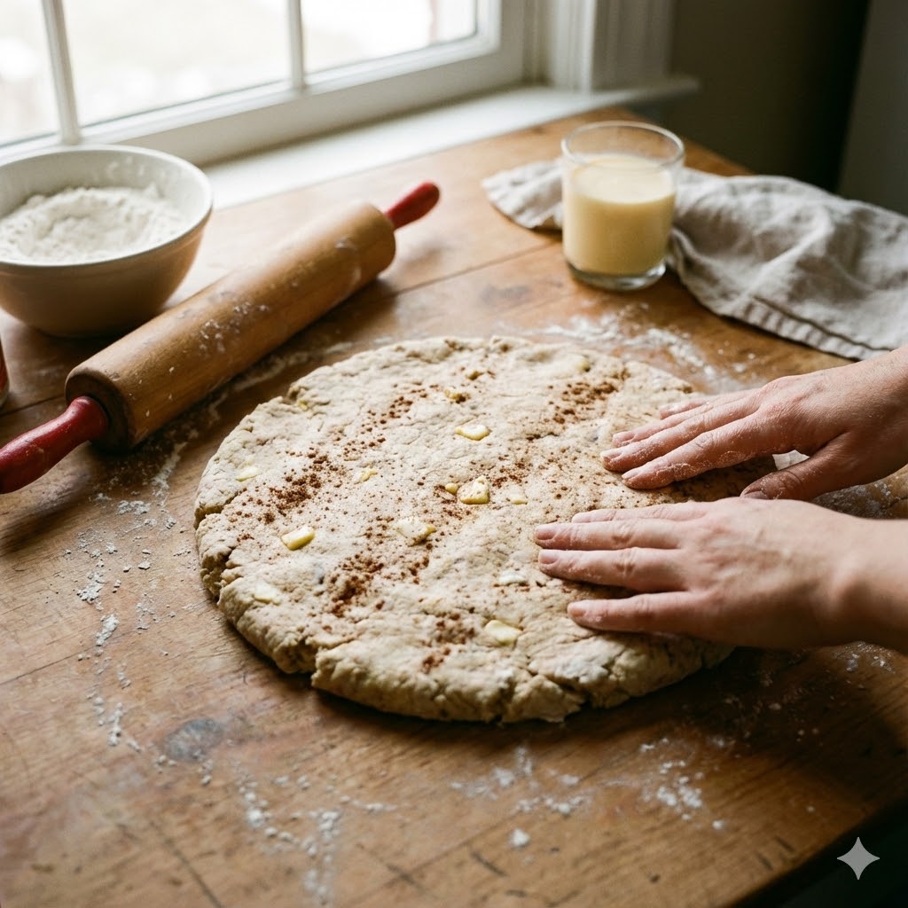 How to Make 5-Ingredient Cinnamon Eggnog Scones 7 Hands forming cinnamon-eggnog scone dough into a disk