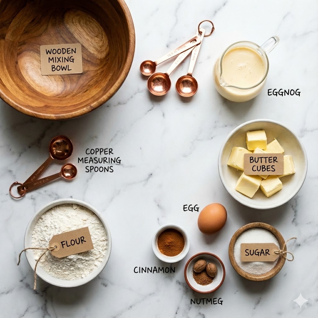 How to Make 5-Ingredient Cinnamon Eggnog Scones 6 Cinnamon-eggnog scone ingredients arranged neatly on countertop
