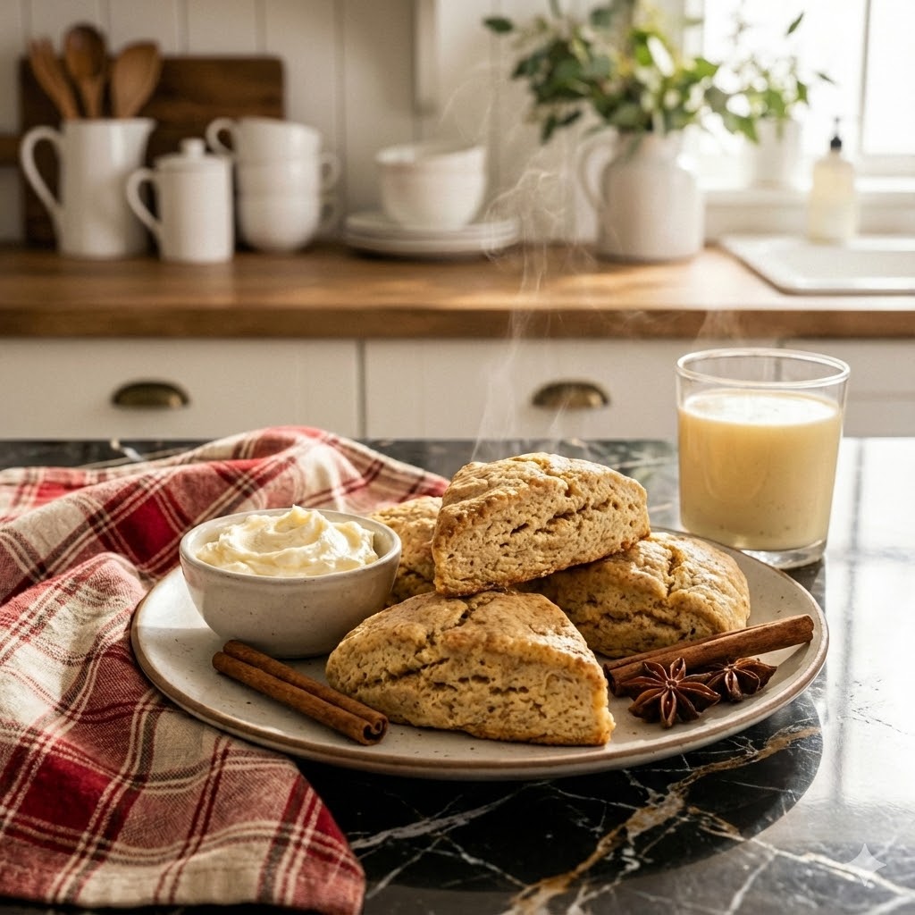 How to Make 5-Ingredient Cinnamon Eggnog Scones 8 Cinnamon-eggnog scones served with butter and eggnog