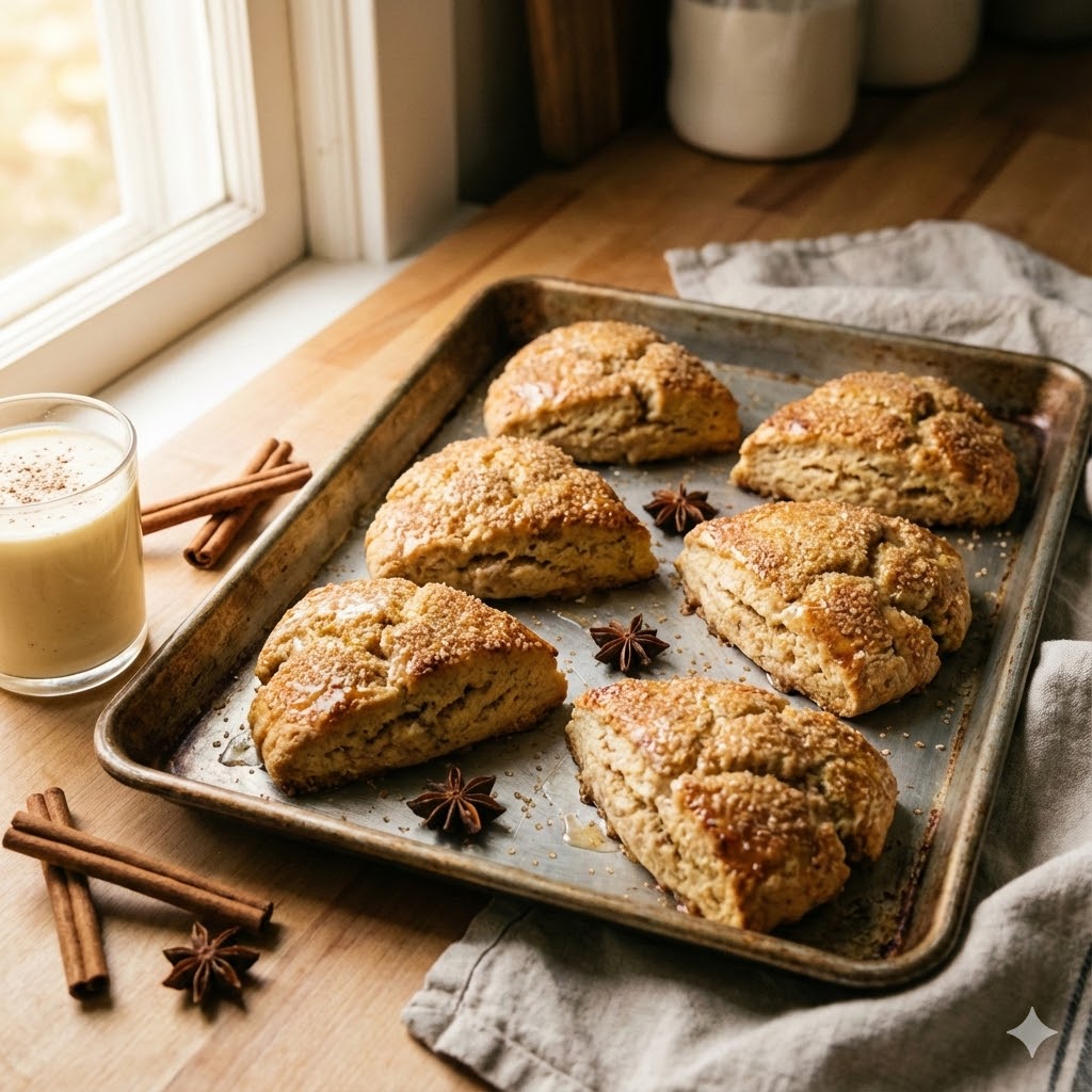 How to Make 5-Ingredient Cinnamon Eggnog Scones 5 Freshly baked Cinnamon-Eggnog Scones on tray with eggnog and cinnamon sticks