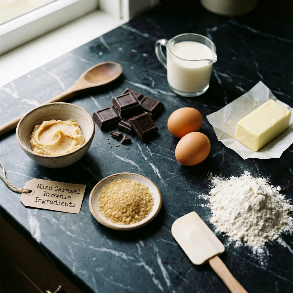 Miso Caramel Brownies: Rich, Salty Sweet Bliss in Every Bite 9 Ingredients for miso caramel brownies on black marble surface