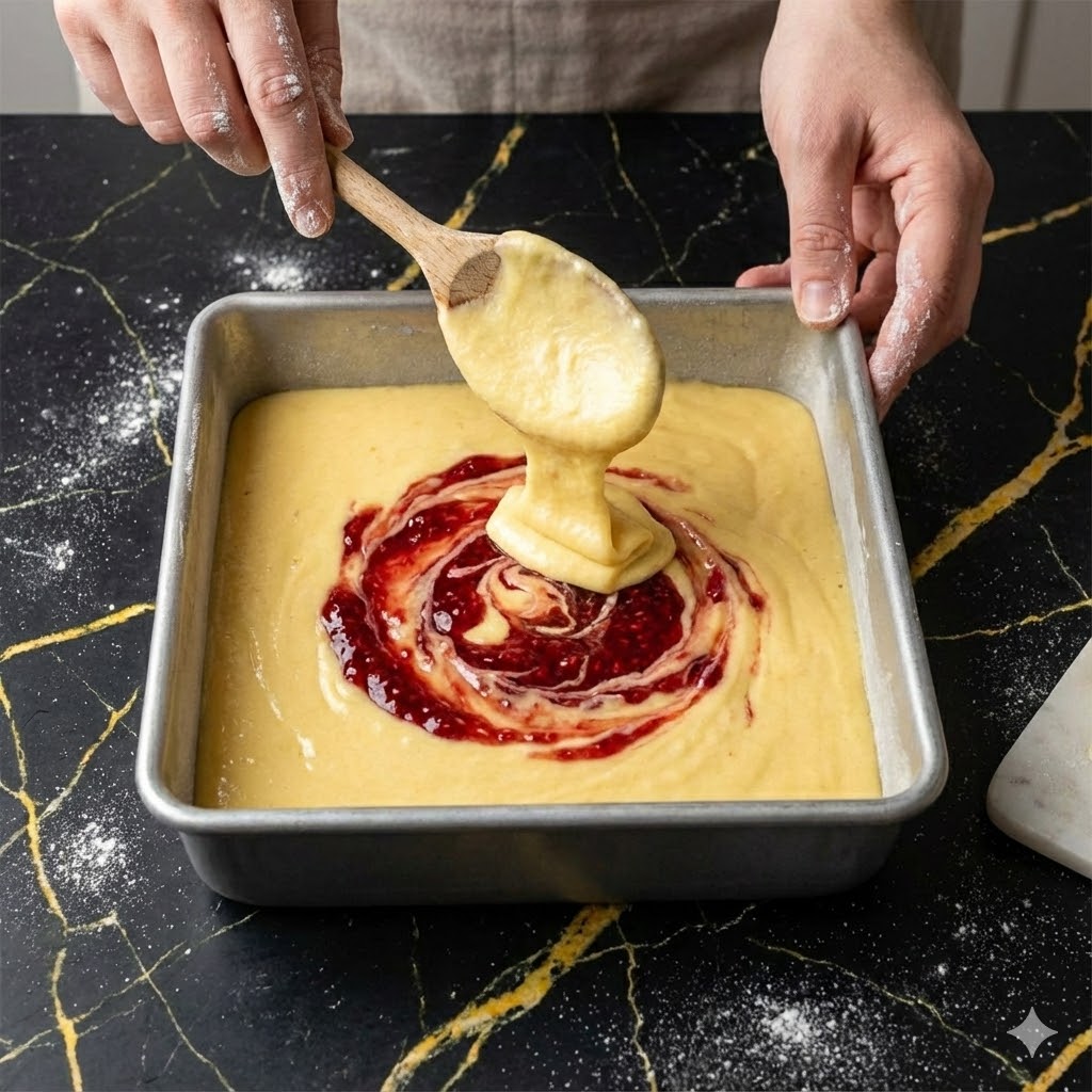 Best 5-Ingredient Jelly Doughnut Cake 6 Spreading jelly into cake batter in a baking pan