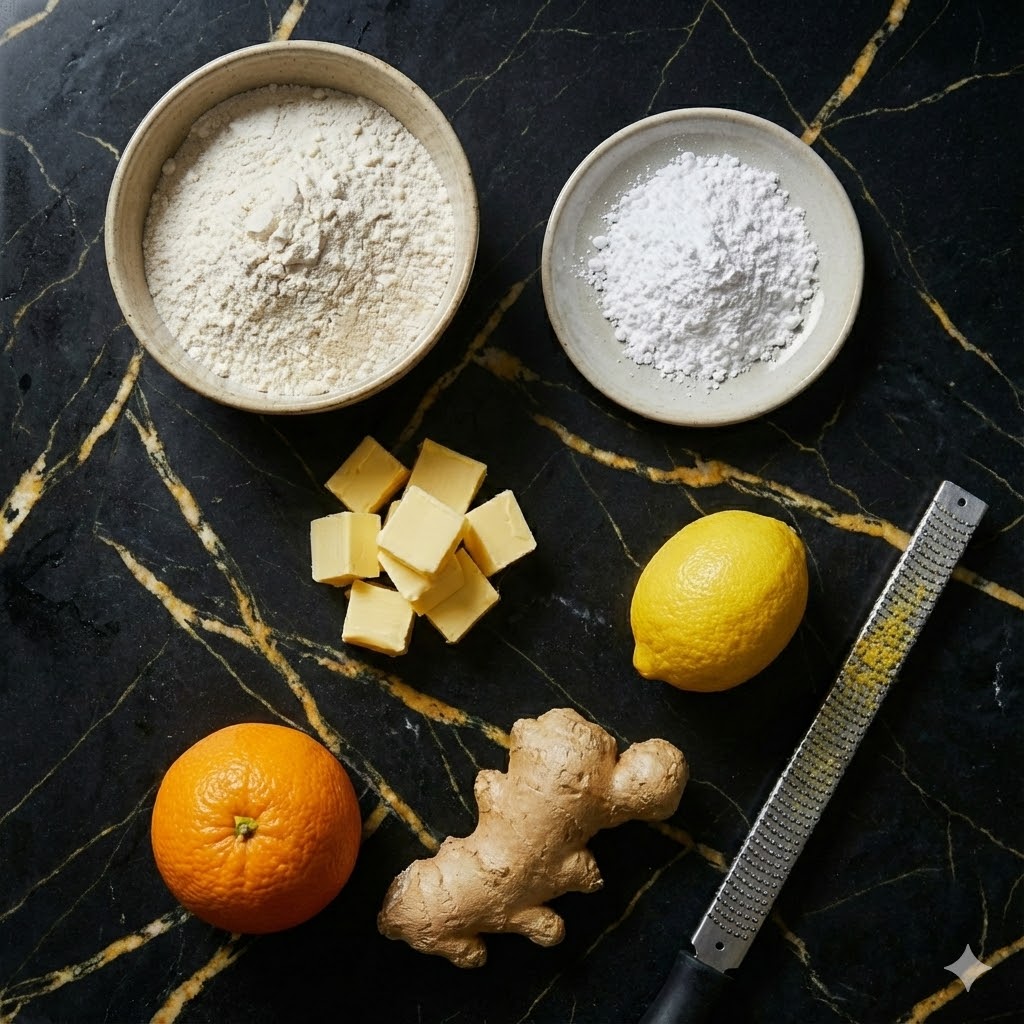 How to Make 3-Ingredient Ginger Citrus Shortbread 6 Ginger, citrus, and butter shortbread ingredients on marble table