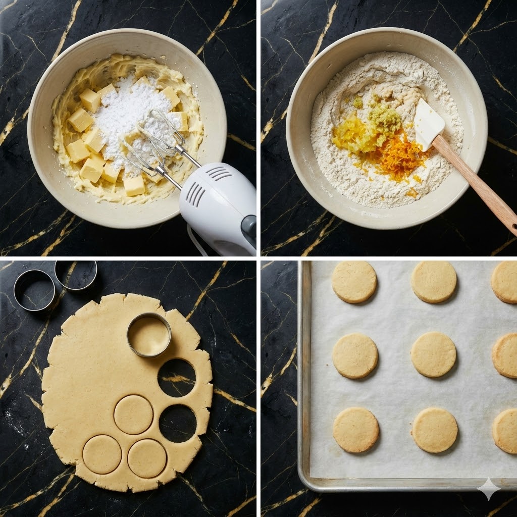 How to Make 3-Ingredient Ginger Citrus Shortbread 7 Ginger citrus shortbread steps on black marble counter
