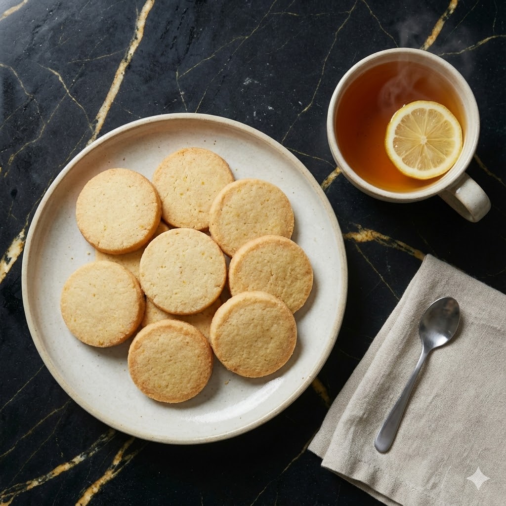 How to Make 3-Ingredient Ginger Citrus Shortbread 8 Ginger citrus shortbread cookies served on black marble kitchen table