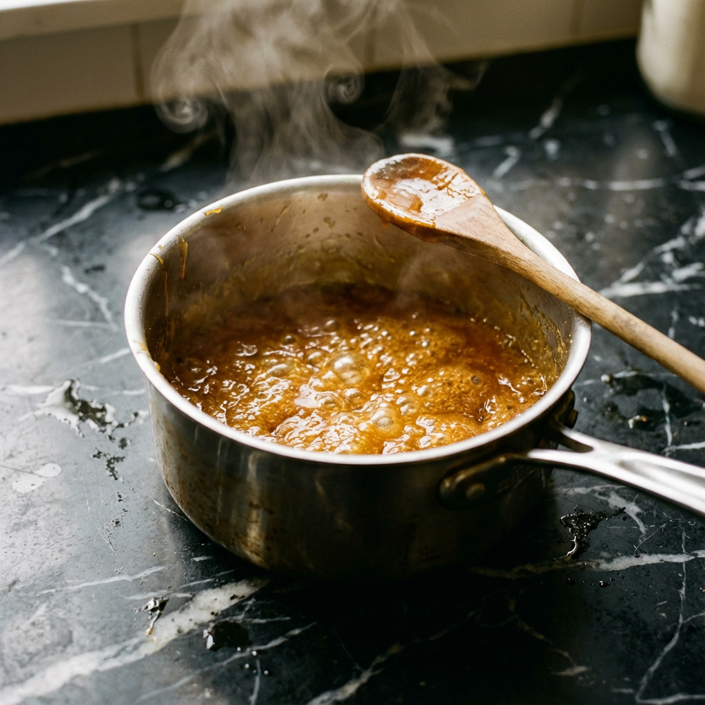 Miso Caramel Brownies: Rich, Salty Sweet Bliss in Every Bite 10 Amber caramel bubbling in saucepan for miso brownies