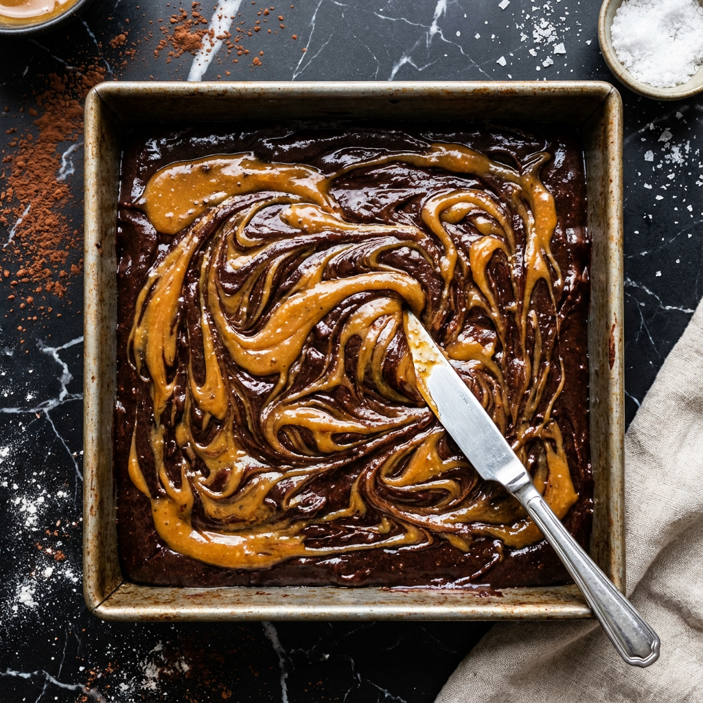 Miso Caramel Brownies: Rich, Salty Sweet Bliss in Every Bite 11 Swirling miso caramel into brownie batter in a baking pan
