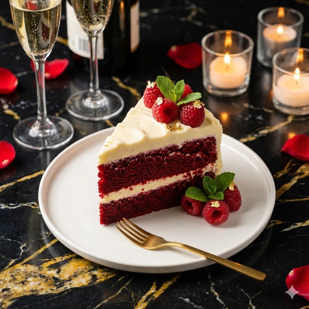 Valentines Day Cakes That Say “I Love You” in Every Bite 8 Slice of red velvet Valentine’s Day cake served elegantly