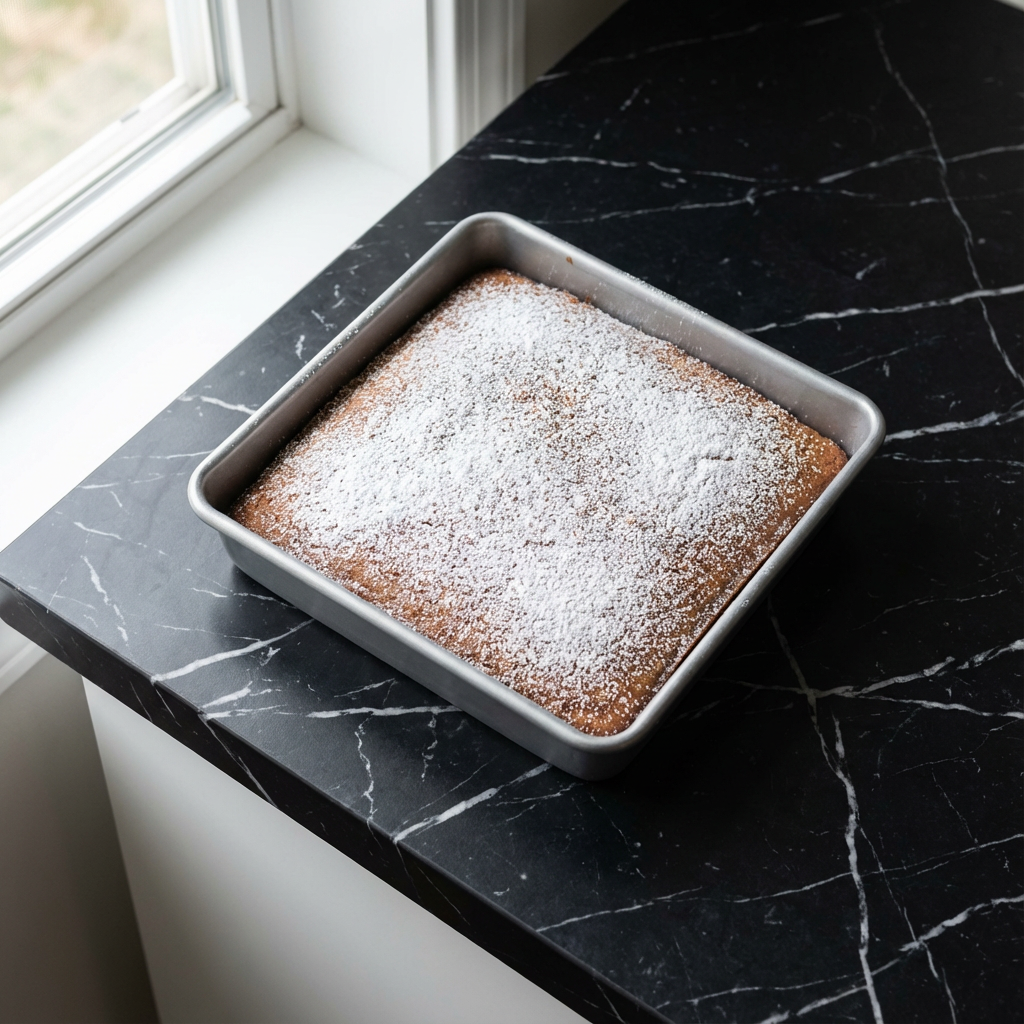 Wacky Cake: The Simple Chocolate Cake That Changed My Baking Life 5 Wacky Cake dusted with powdered sugar on white surface