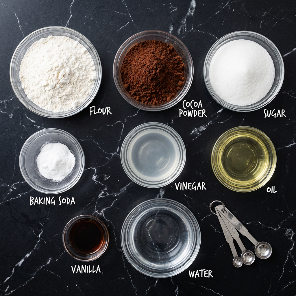 Wacky Cake: The Simple Chocolate Cake That Changed My Baking Life 6 Wacky Cake ingredients laid out on black counter