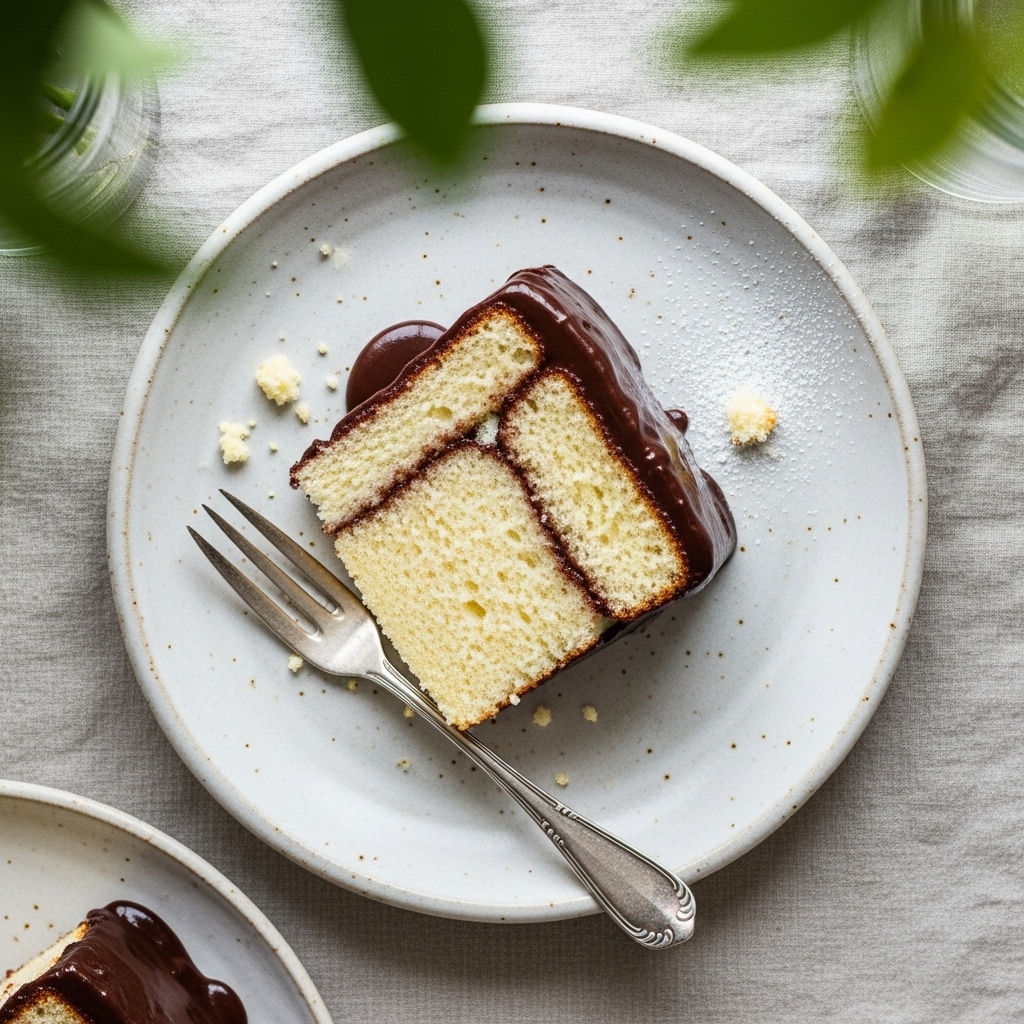 Elegant White Cake with Chocolate Filling 4 Slice of white cake with chocolate frosting on a ceramic plate