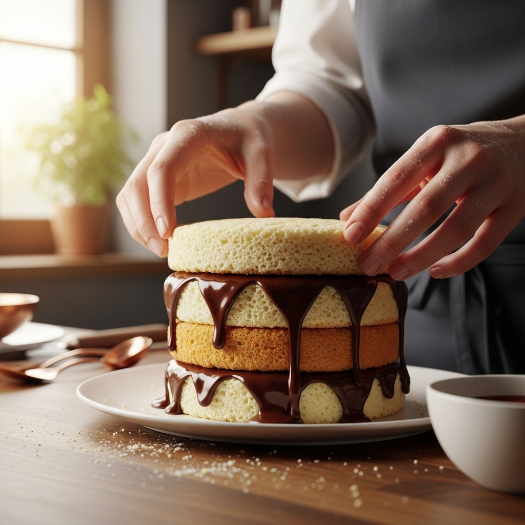 Elegant White Cake with Chocolate Filling 3 Assembling white cake layers with rich chocolate ganache filling