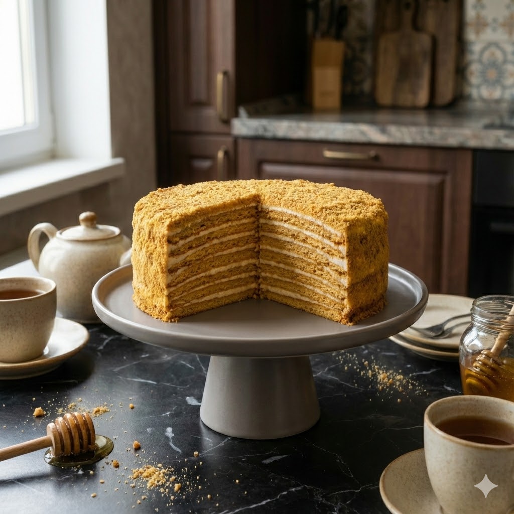 Russian Honey Cake Recipe: Traditional Medovik with Creamy Layer 5 Russian Honey Cake sliced with visible honey layers