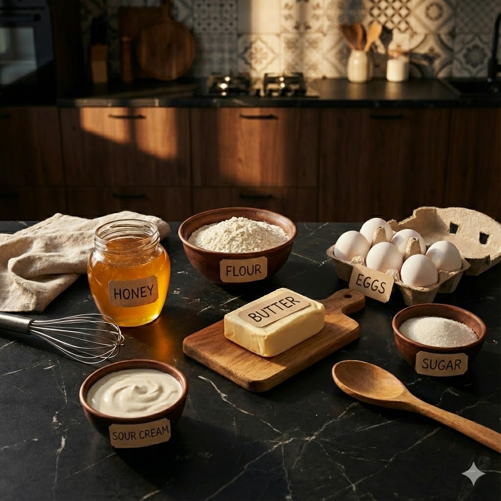 Russian Honey Cake Recipe: Traditional Medovik with Creamy Layer 6 Medovik ingredients laid out on black marble table