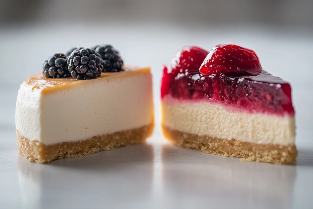 Side-by-side comparison of a no-bake cheesecake and a baked cheesecake, both beautifully garnished with fresh berries.