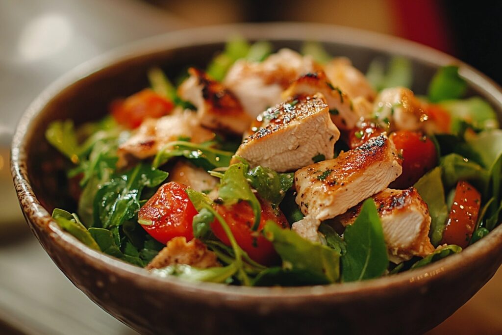 Fresh chicken salad in a bowl with vegetables and dressing, safe to eat.