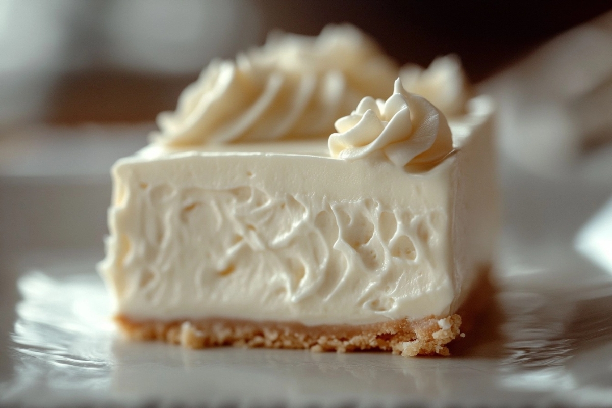 A close-up of creamy no-bake cheesecake filling being spread into a graham cracker crust, showcasing its smooth texture.