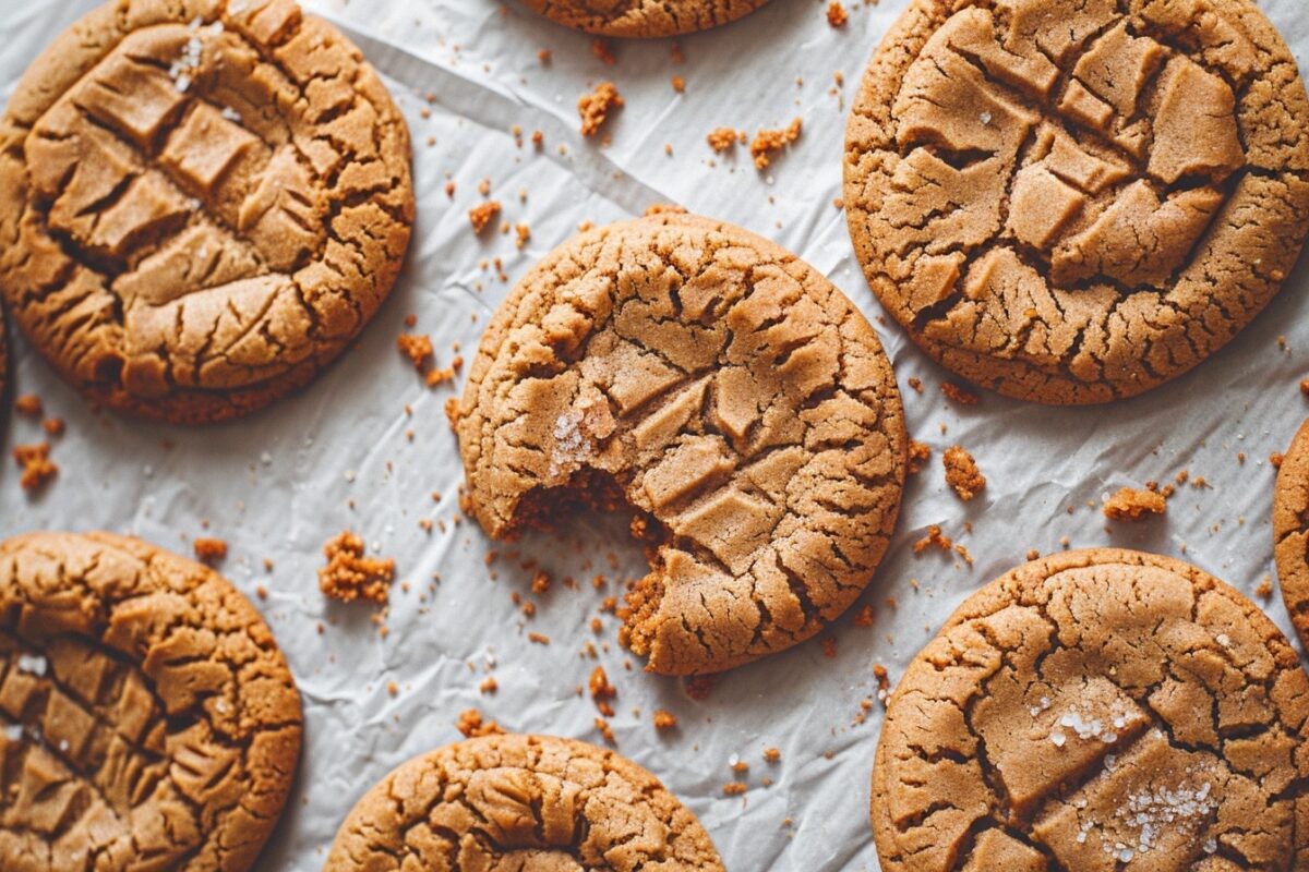 Close-up of freshly baked peanut butter cookies with a soft and chewy texture, showing no signs of breaking or crumbling.