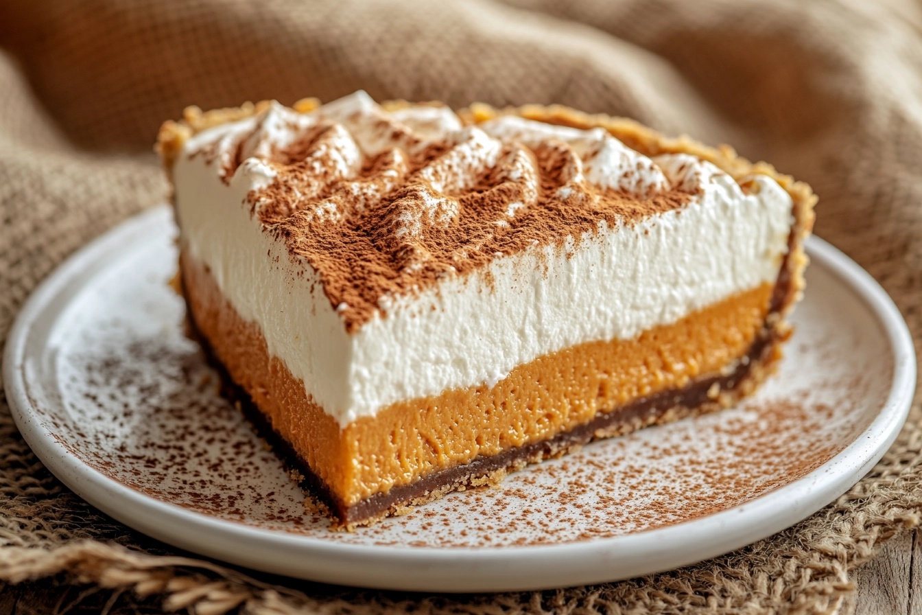 A slice of creamy no-bake pumpkin cheesecake with a gingersnap crust, topped with whipped cream.