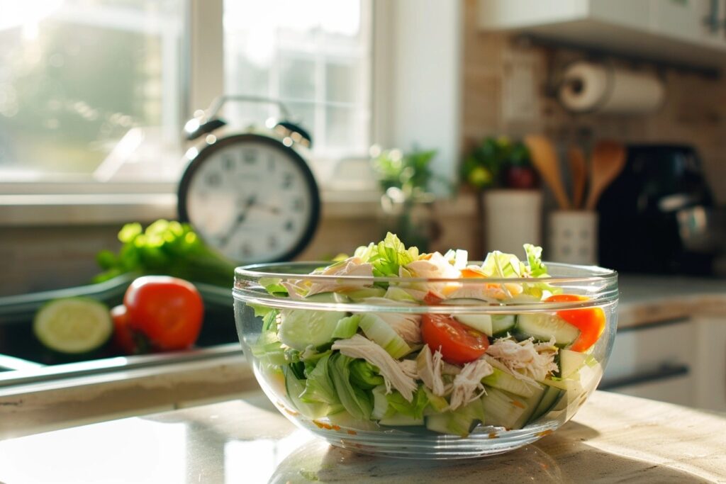 A freshly prepared chicken salad with shredded chicken, vegetables, and a clock in the background showing time passing, symbolizing freshness and shelf-life.