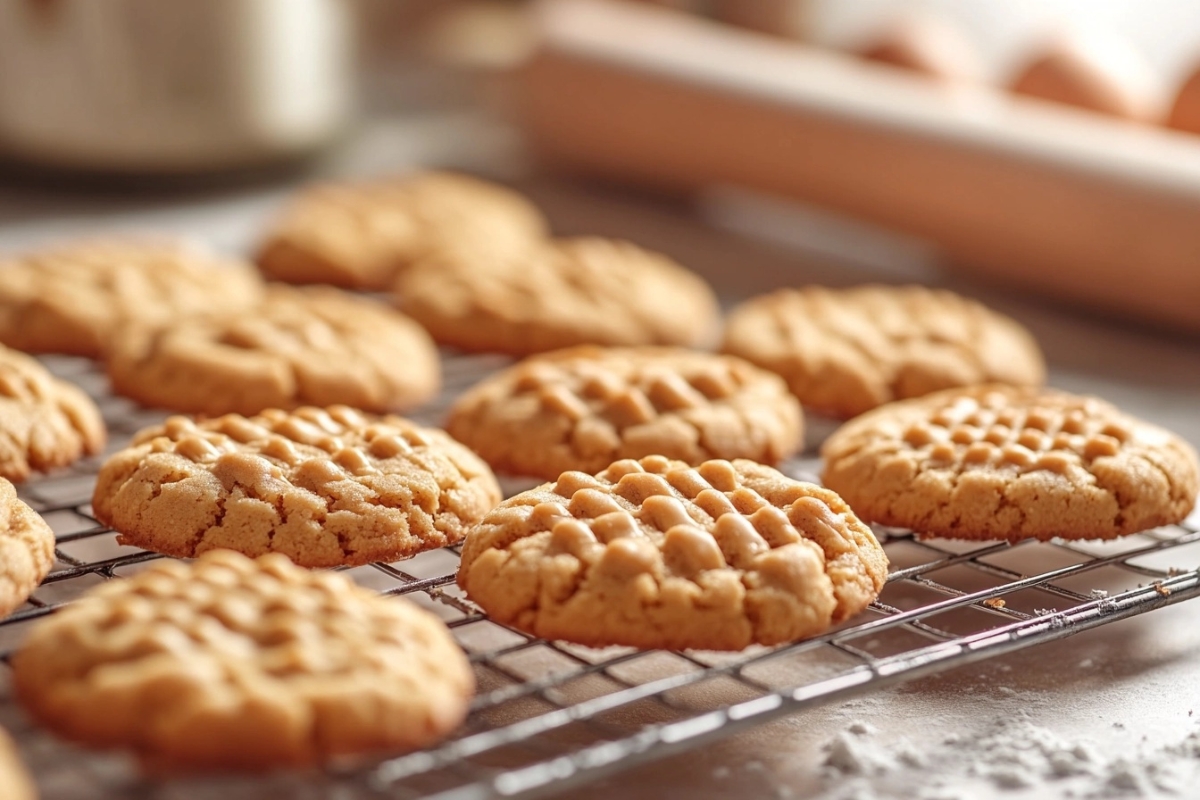 How to Keep Peanut Butter Cookies from Crumbling: A stack of perfectly baked peanut butter cookies showing a soft and chewy texture without crumbling.