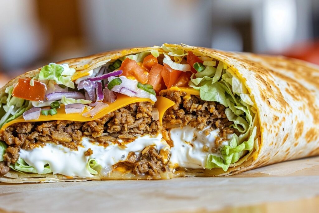 Close-up of a Double Crunchwrap Supreme with layers of beef, cheese, and tostada shells inside a grilled tortilla.