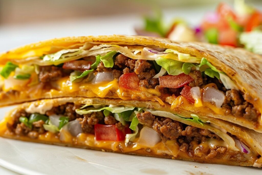 A close-up view of a Crunchwrap Supreme showing layers of seasoned beef, cheese, lettuce, tomatoes, and a crispy tostada shell wrapped in a tortilla.