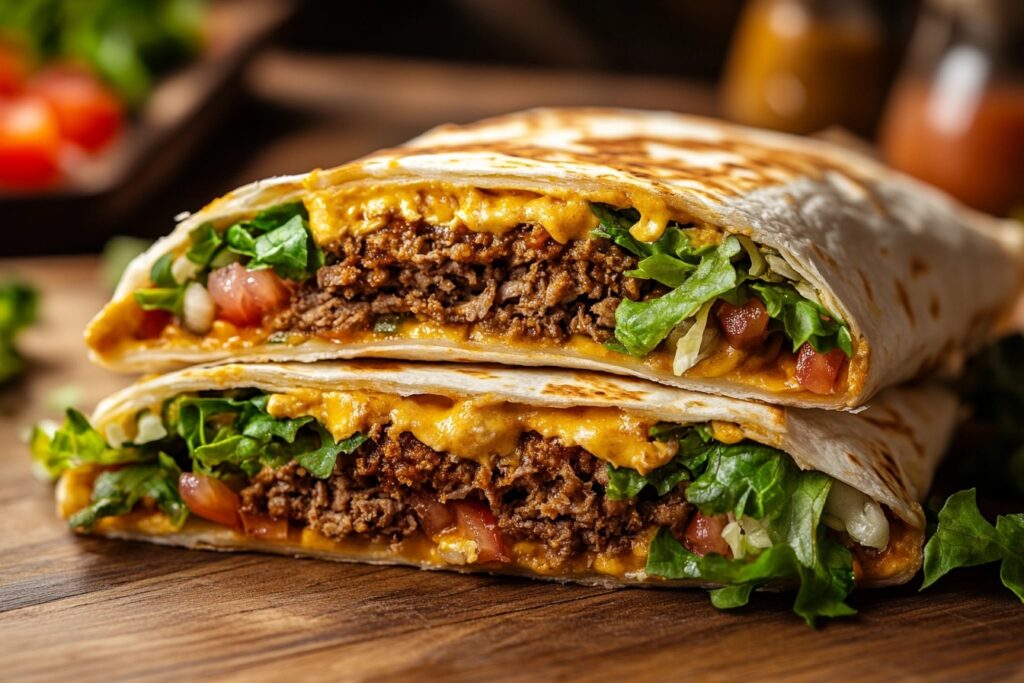 Double Crunchwrap Supreme filled with seasoned beef, nacho cheese, lettuce, tomatoes, and sour cream wrapped in a grilled tortilla