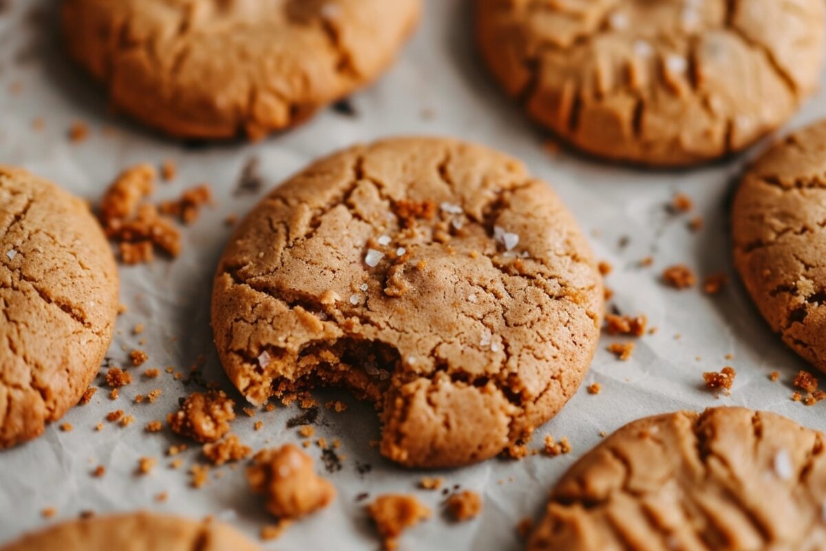 Close-up of a peanut butter cookie crumbling, showing cracks and texture on a rustic table with scattered crumbs