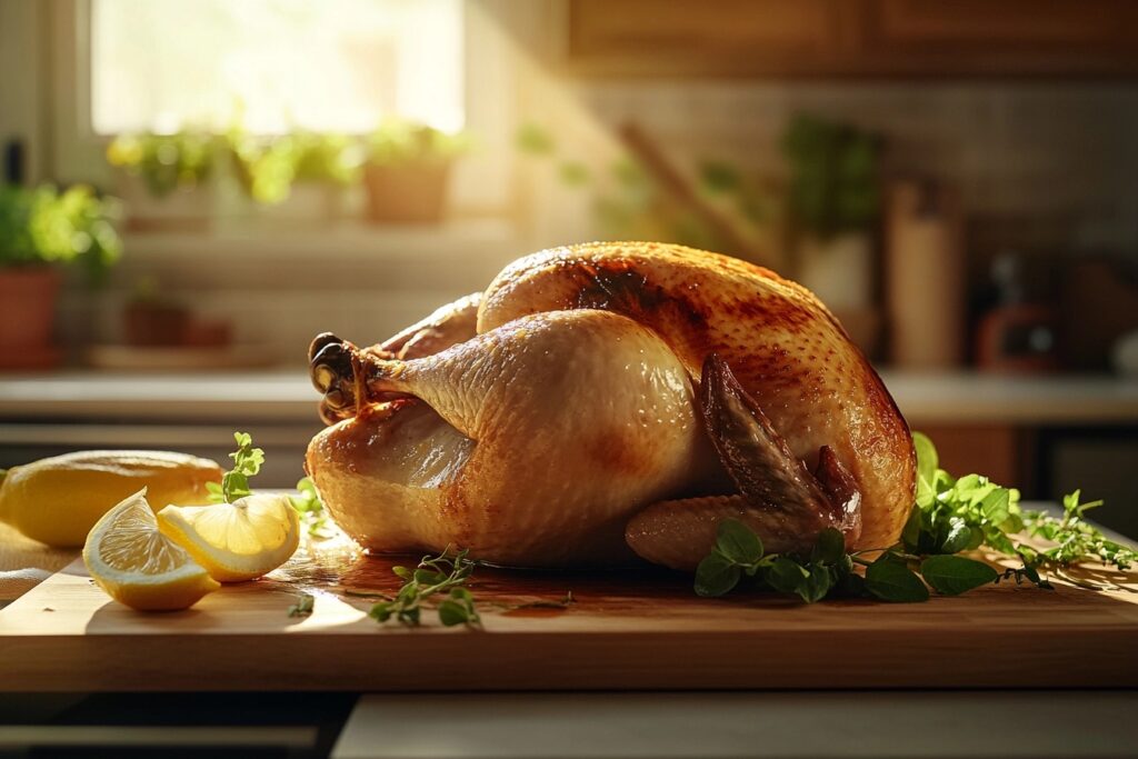 Cooked chicken resting on a cutting board with juices settling for better flavor and texture.