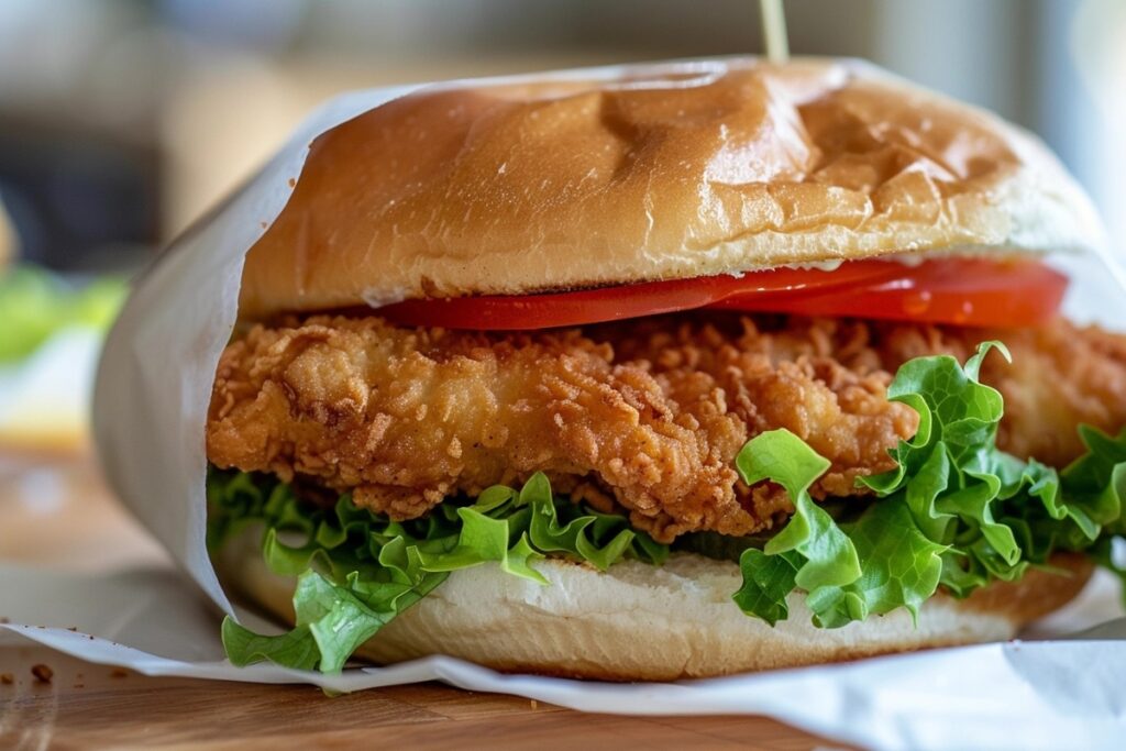 A crispy chicken sandwich with lettuce and tomatoes wrapped in parchment paper