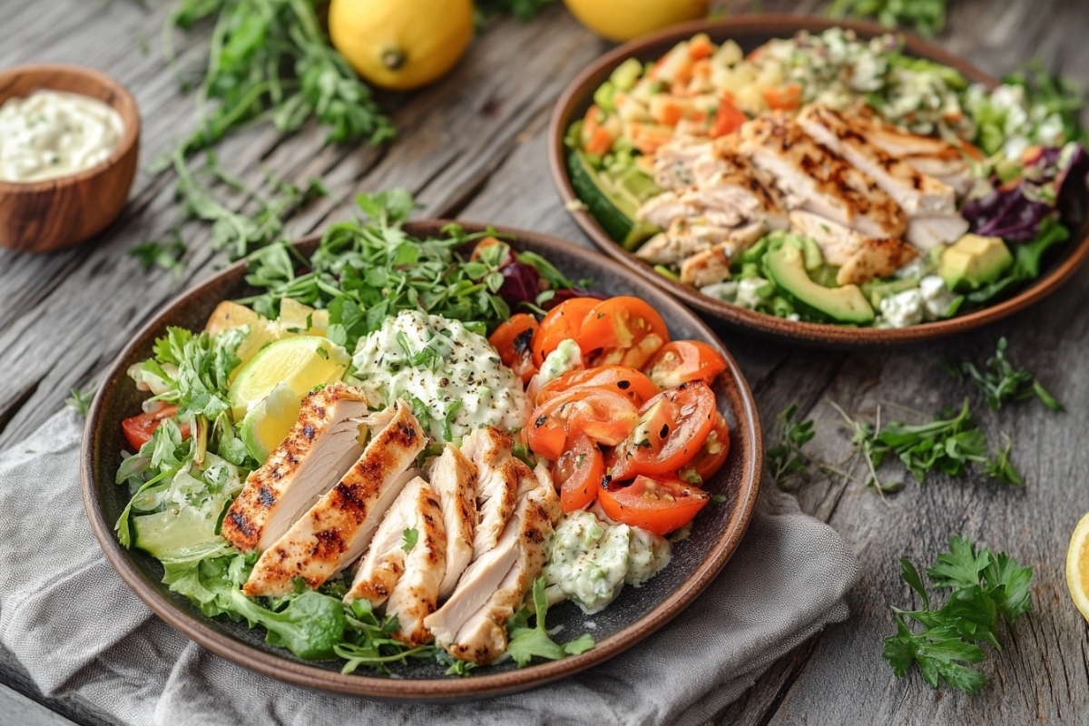 Two versions of chicken salad, one with mayonnaise and one healthy version with Greek yogurt or avocado