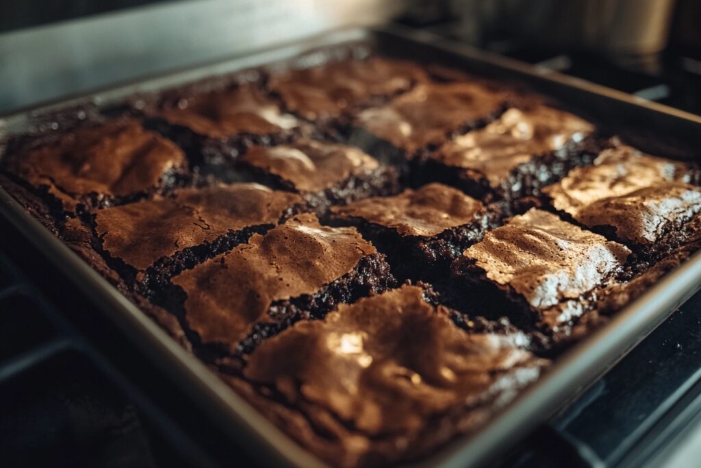 Brownies cooked unevenly with a cooked top and raw middle in a baking pan