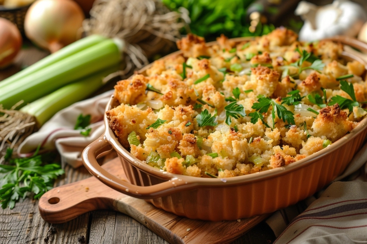 A realistic photograph of chicken dressing made with shredded chicken, breadcrumbs, celery, onions, and herbs