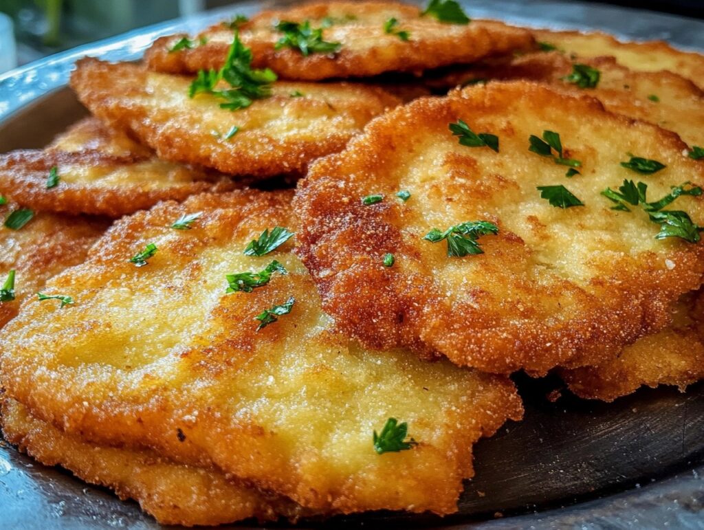 Perfectly fried, golden-brown breaded chicken schnitzel cutlets arranged on a gray plate with parsley garnish. The chicken cutlets have a crunchy, crispy texture.