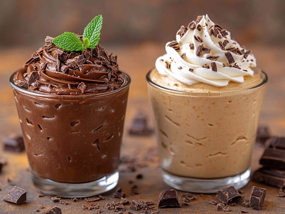 Two elegant chocolate mousse desserts, one with chocolate shavings and mint, the other topped with whipped cream and chocolate curls in glass containers.