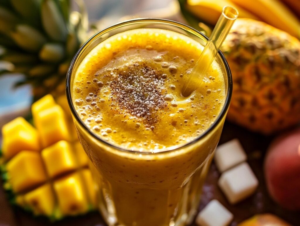 A tropical smoothie with a sprinkle of sugar on top, surrounded by fresh fruits like pineapple and mango.