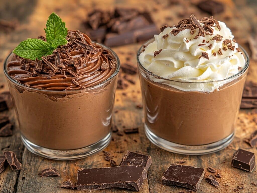 Close-up of two rich chocolate mousse desserts in glass jars, topped with whipped cream, chocolate shavings, and a mint leaf.