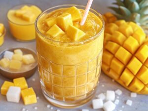 Mango smoothie in a glass, topped with fresh mango chunks and cubes of sugar.